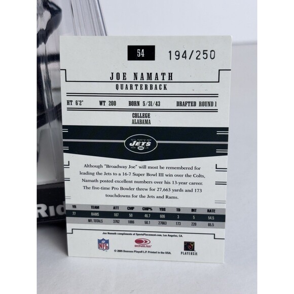 New York Jets QB Speed Mini Helmet Riddell & Foil Joe Namath #d /250 Card - Picture 3 of 5